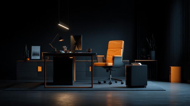 A venture capitalist accountants desk, sleek modern design, minimalist style, clean lines, high contrast, professional business aesthetic, Brex brand colors of orange and black accents, cinematic lighting, 4K resolution, --ar 16:9 --v 7 Job ID: 3774911a-98db-4a0a-bf15-877efc268cf8
