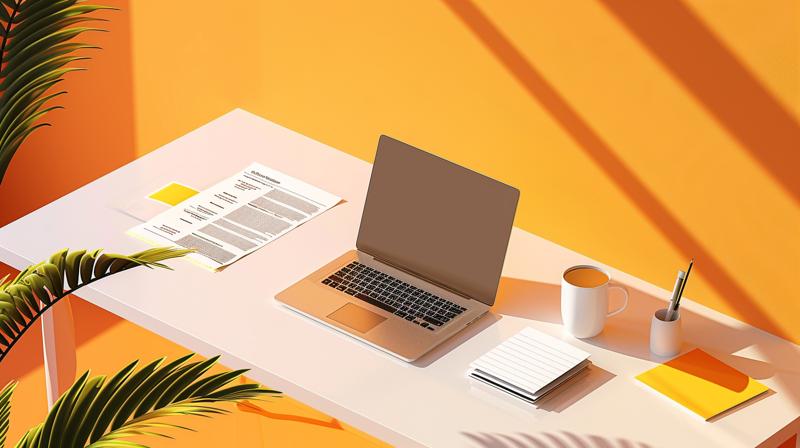 Isometric view of a minimalist desk showing a paper with a bank statement on it, a closed laptop, neatly stacked statements to the right of the laps, one morning coffee to the right of the statements, orange background, warm natural lighting, corporate photography style, premium business aesthetic, high resolution, isometric view, by maia flore, ar 16:9 --ar 16:9 --v 6 Job ID: 5227d2ec-cc28-408f-9838-78597d2ce3f0